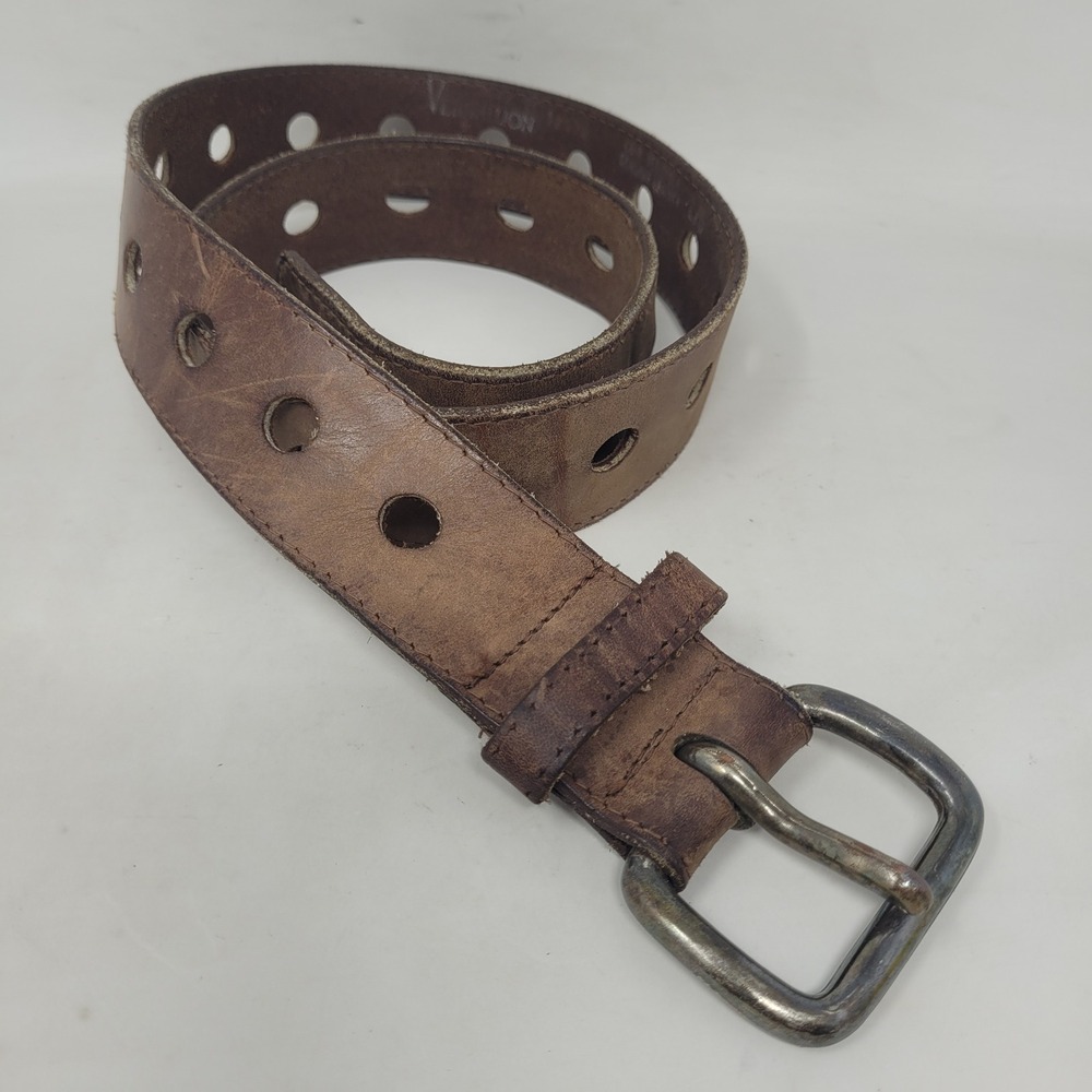 Vermillion Belt Large Brown Leather Perforated Distressed Utility Rugged Grunge